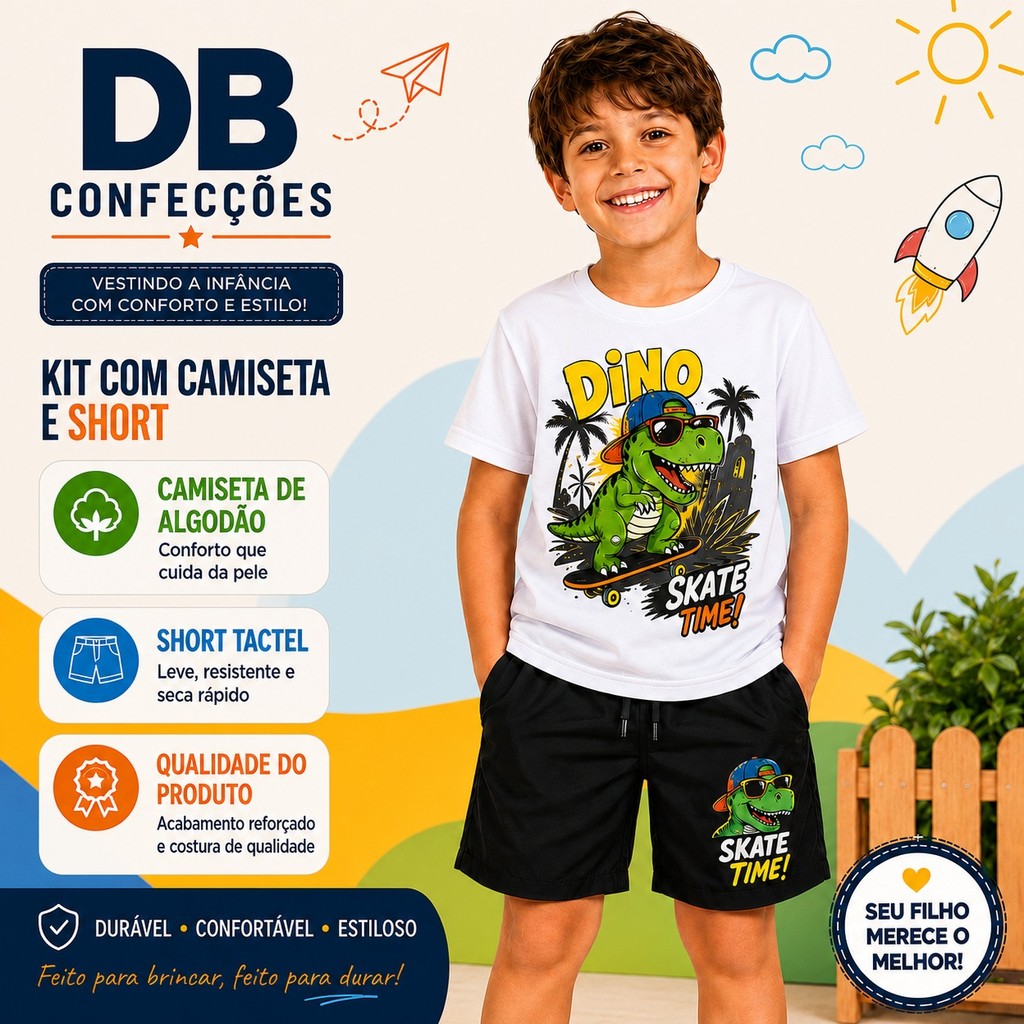 Conjunto Infantil Masculino Camiseta Algodão + Short Tactel Kit Menino Estampado Confortável 06 ao 14 DB Confecções