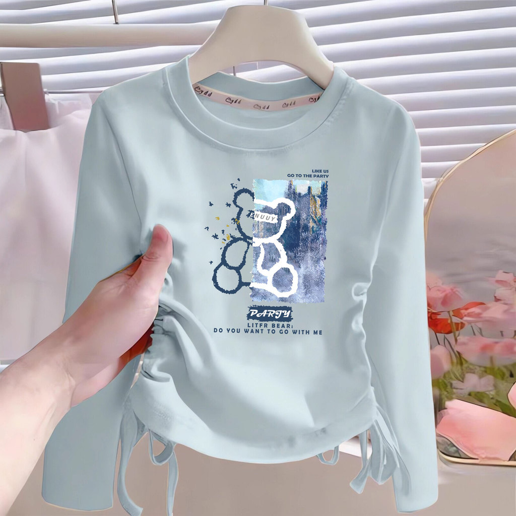 Meninas camiseta puro algodão Bottoming cordão primavera outono 2025 novo estilo moda de manga comprida crianças médio g