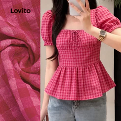 Lovito Xadrez Blusa Casual com Zíper e Laço Rosa Vermelha para Mulheres primavera/verão LK5ED512