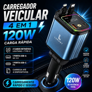 Carregador Veicular Retrátil 4 em 1 120W com LED | Carregamento Rápido para iPhone e Android