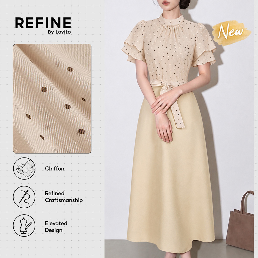 (New Arrival) (Refine by Lovito) Vestido Feminino Chiffon Apricot Com Poás Babado Costura Em Tecido Amarrado Aline Para Trabalho DRR43P1D037