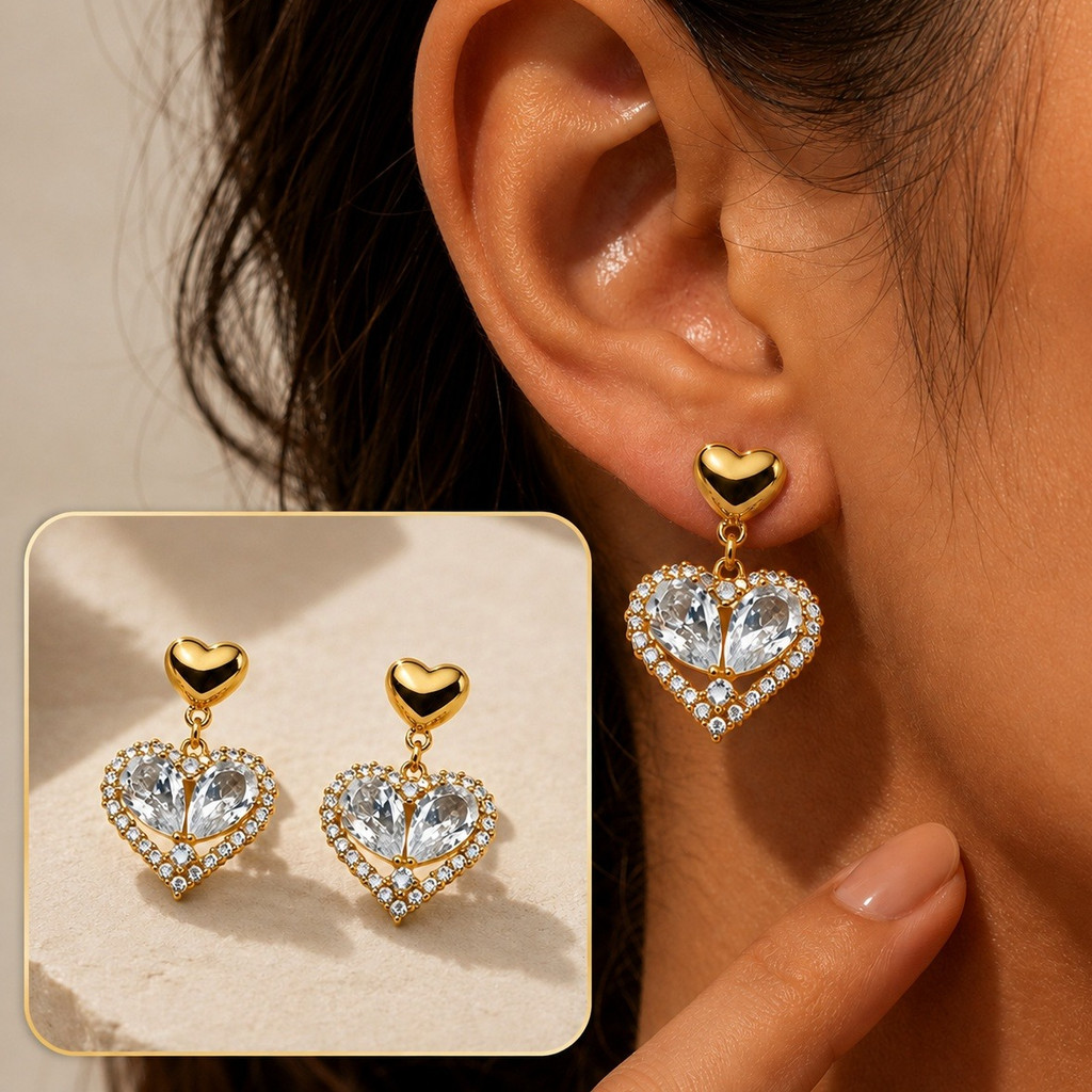 Brinco Coração Dourado Feminino Pedra Cristal Strass Festa Luxo Casamento Joia Leve Antialérgico Não Escurece
