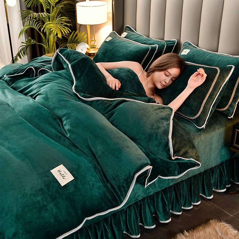 Saia de cama Coral velo conjunto de quatro peças inverno engrossado flanela dupla face curto pelúcia colcha capa leite c