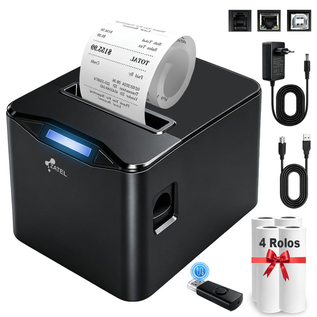 ZATEL Impressora Térmica 80mm Delivery Restaurante Mercado Comércio Recibo Fiscal Portátil Diver USB