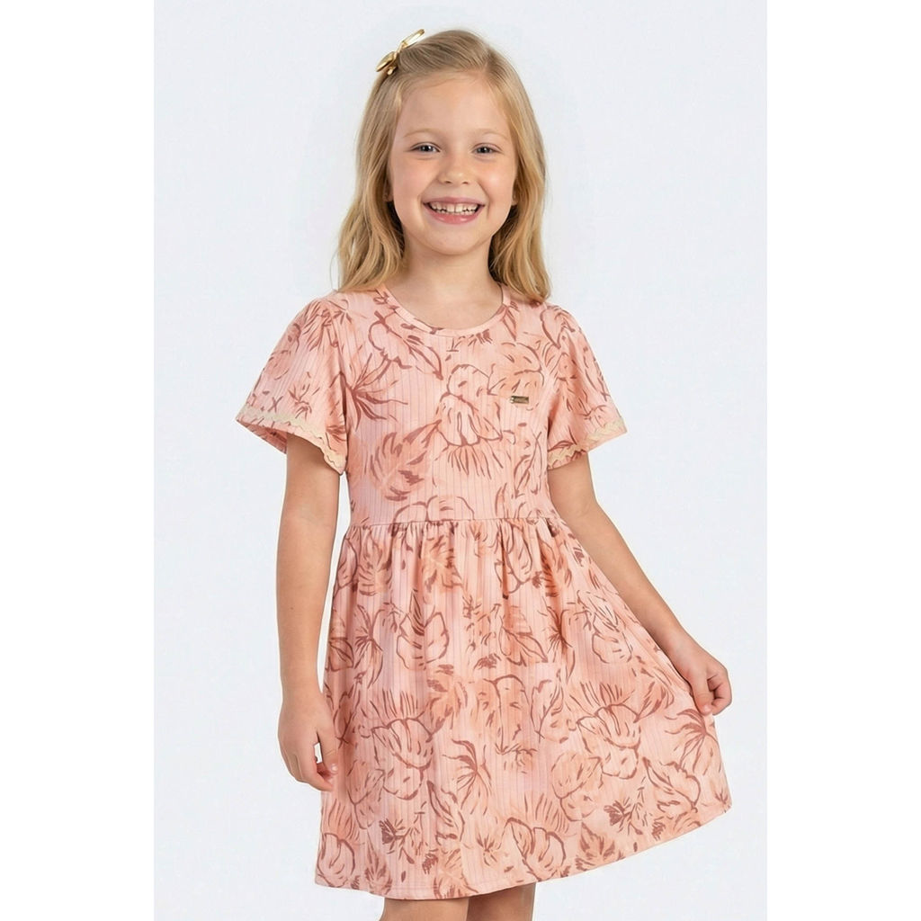 Vestido Infantil Menina Folhas Tropical Colorittá Rosa
