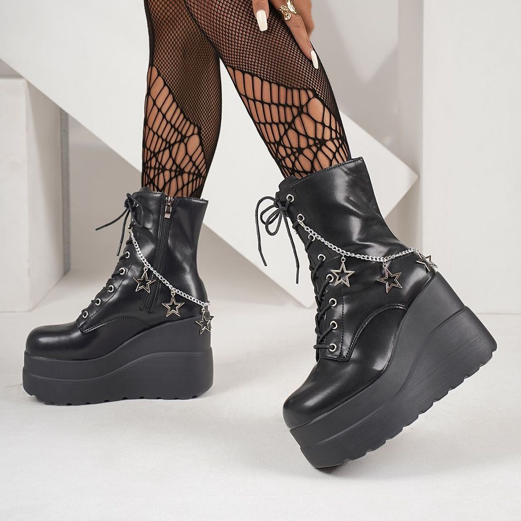Aumentar a altura 11CM, botas curtas femininas, botas femininas, estrela oca de cinco pontas pingente exagerado corrente