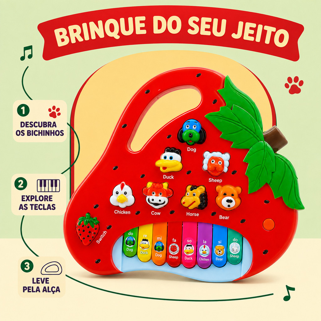 Piano Teclado Musical Formato Morango Com Luzes e Sons Sons Bichinhos Estimula Criatividade Brinquedo Criança Kizumb — imagem 2 de 2
