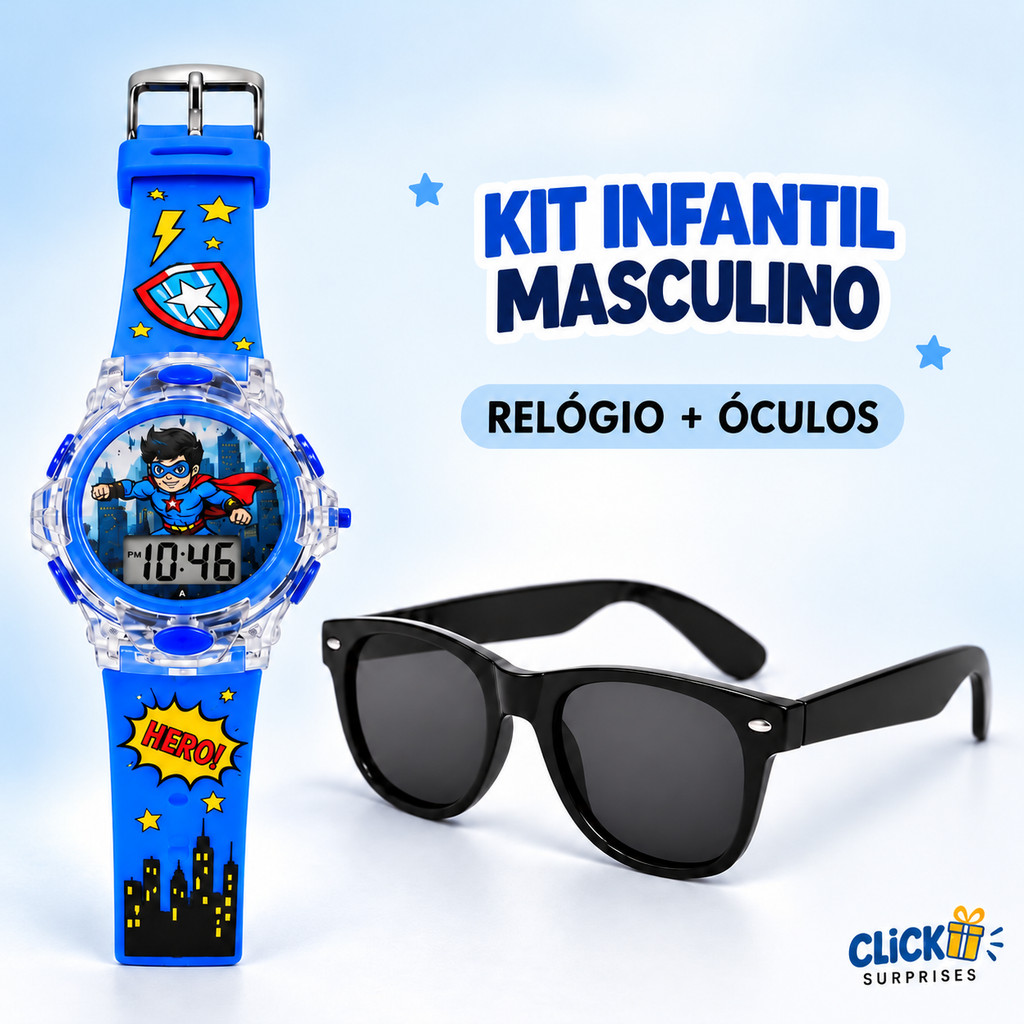 Kit Infantil Masculino Relógio Digital com Luz e Música + Óculos de Sol Super-Herói Presente para Menino