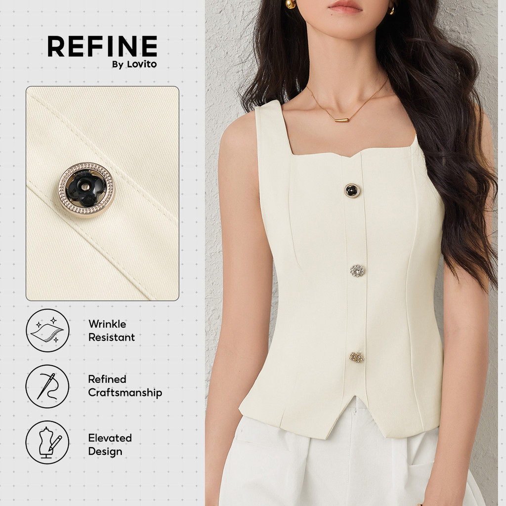 (Refine by Lovito)Top Social AntiAmarrotado Rígido Botão Linha Branco Feminino Primavera/Verão TKR42P1D058