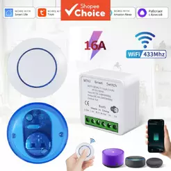 Interruptor WiFi Inteligente Tuya AXUS 16A RF433MHz, Botão Redondo Sem Fio Mini, Compatível com Alexa e Google