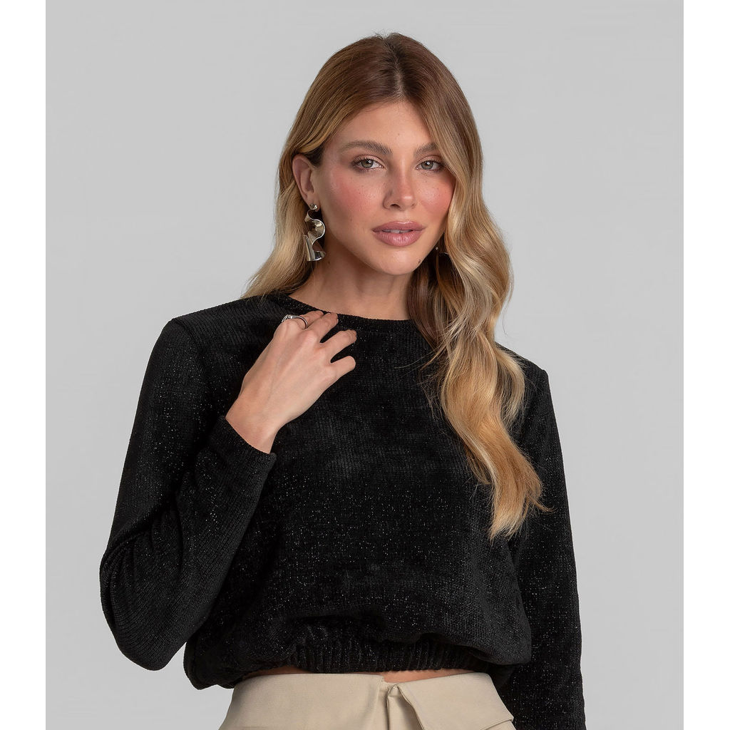 Blusa Feminina Manga Longa Tricot Shine Dianna Preto