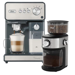 Kit Cafeteira Espresso PrimaLatte Inox e Moedor de Café Precision 18 níveis Oster