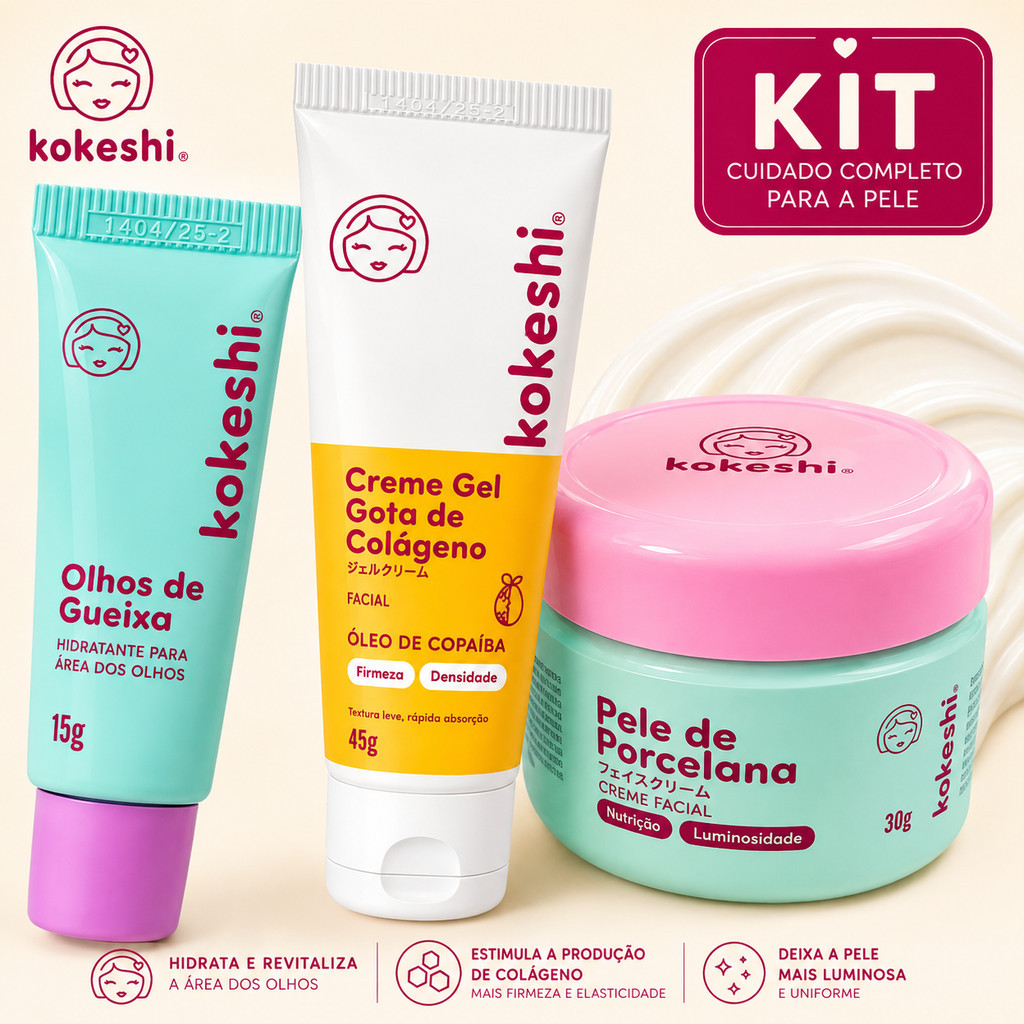 Kit Kokeshi Completo 3 Passo Kit Kokeshi Pele de Porcelana Gota de Colageno Kokeshi Oficial Olhos de Gueixa Kokeshi