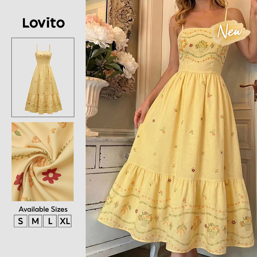 (New Arrival) Lovito Floral Ruffle Hem Zipper Long Flared Spring/summer Weekend Casual Workwear Yellow Dress for Women DRB39BR007 — imagem 1
