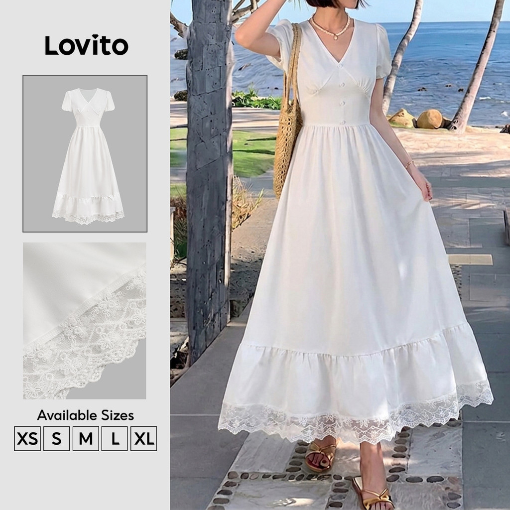 Lovito Vestido Boho com Zíper e Babados Vestido Branco de Primavera/verão para Mulheres DRK8P1D1029