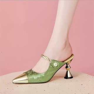 Sapatos femininos de salto agulha Real Baotou meia chinelos pontiagudos