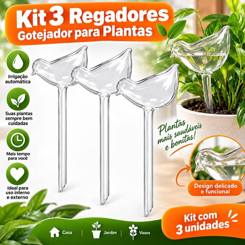 Kit com 3 Regadores Gotejadores para Plantas Irrigação Automática Passarinho Vaso Jardim para Vasos