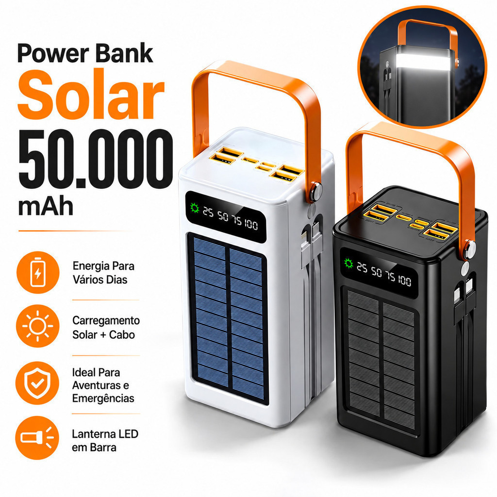 Power Bank Solar 30000/50000mAh Carregador Portátil Grande Capacidade USB com Cabo Universal
