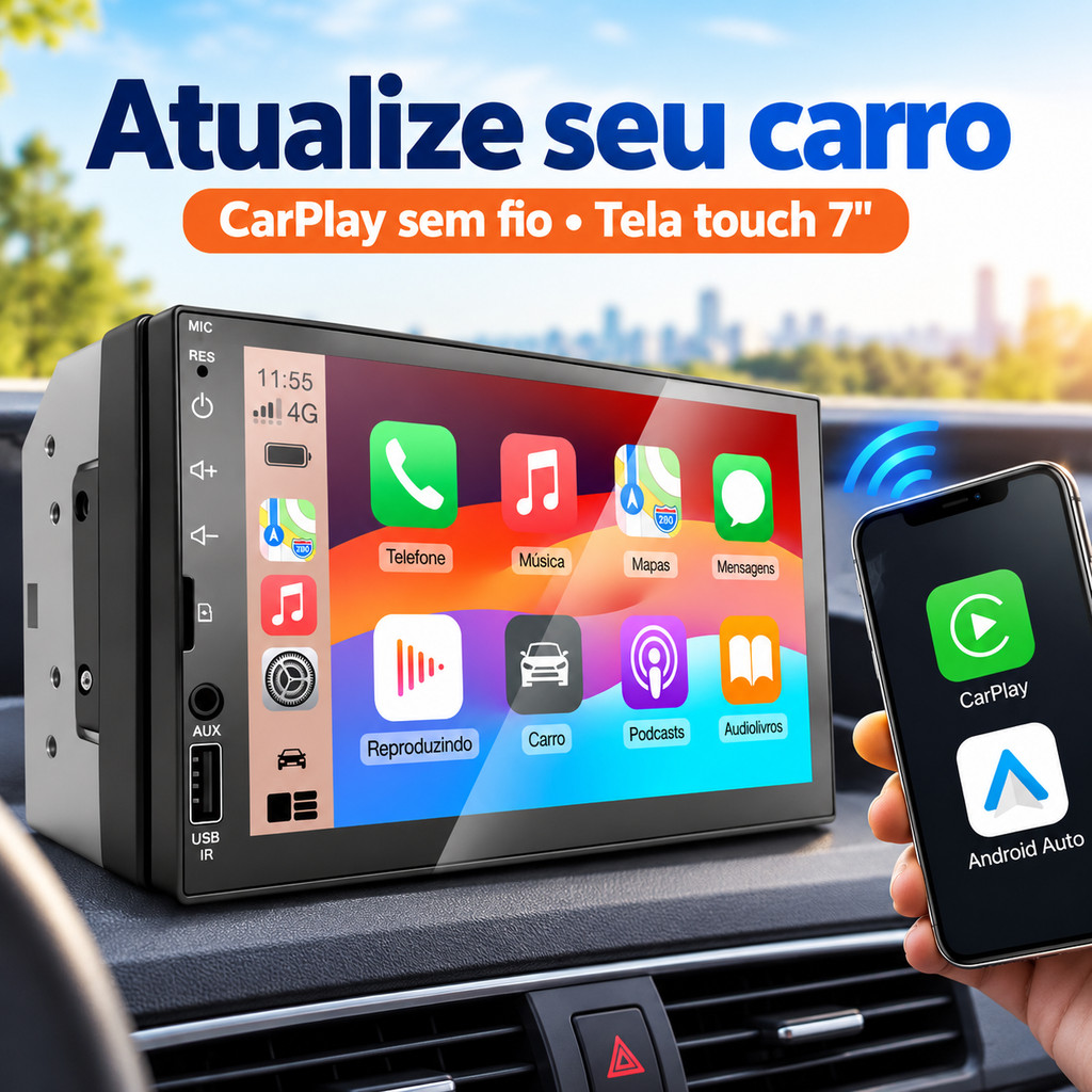 Central Multimídia 7" 2 Din CarPlay Android Auto Wireless 1024x600 USB TF FM 65W×4