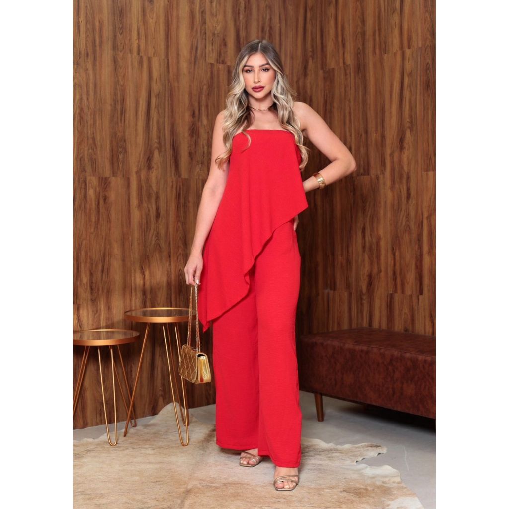 Macacão Pantalona Longo Feminino Assimetrico Tomara Que Caia