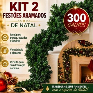 Festão Aramado Natal Grosso 2,7 Metros C/ 300 Galhos Cheios Flexível Decoração Natalino Item Luxo