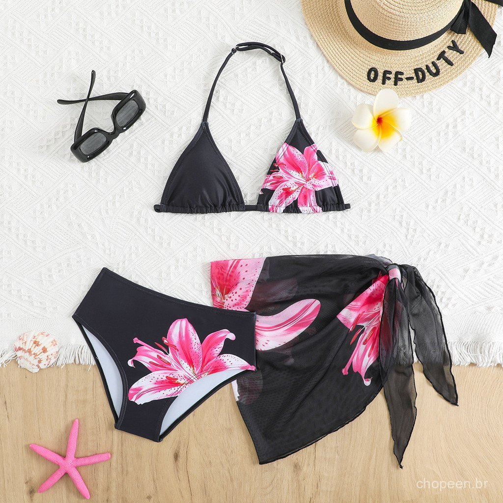 Conjunto de biquíni infantil feminino de tamanho grande, com estampa floral e avental.