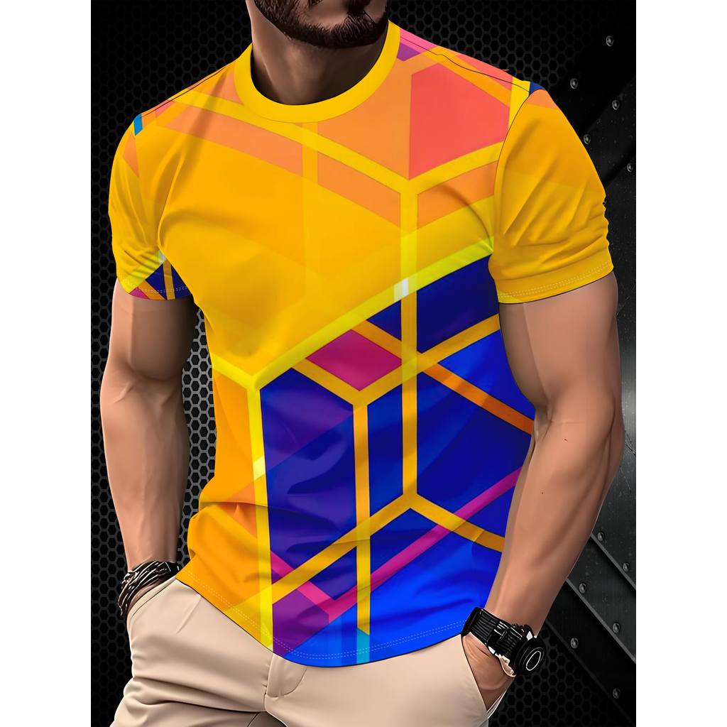 Camiseta esportiva masculina de fibra de poliéster 3D respirável de secagem rápida de manga curta para treinamento de co
