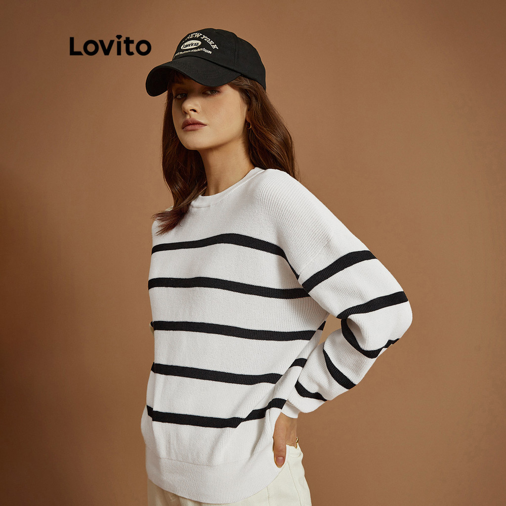 Lovito Suéter Casual Listrado Macio de Alta Elasticidade Manga Longa para Mulheres L32ud004 (Branco-Sujo)