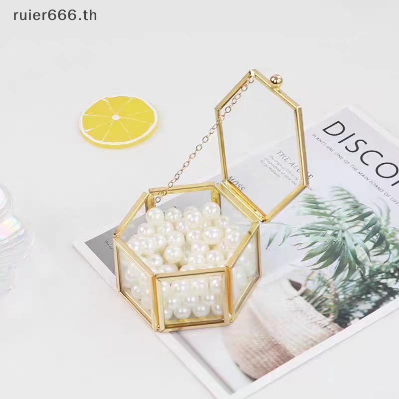 ruier Caixa De Anel Hexagonal De Alta Qualidade , Acessórios De Ouro E Joias , Vidro Dourado , Luxuosa Retrô Armazenamen