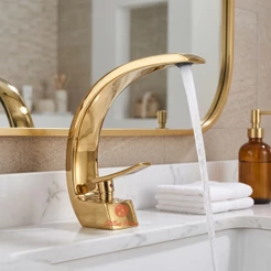 Torneira Banheiro Cascata Dourada Monocomando Curva Lavabo Quente e Fria Premium