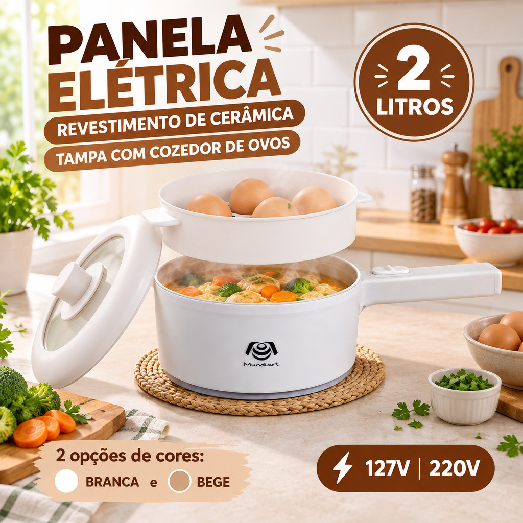 Panela Elétrica com Revestimento de Cerâmica 2L e Cozedor de Ovos