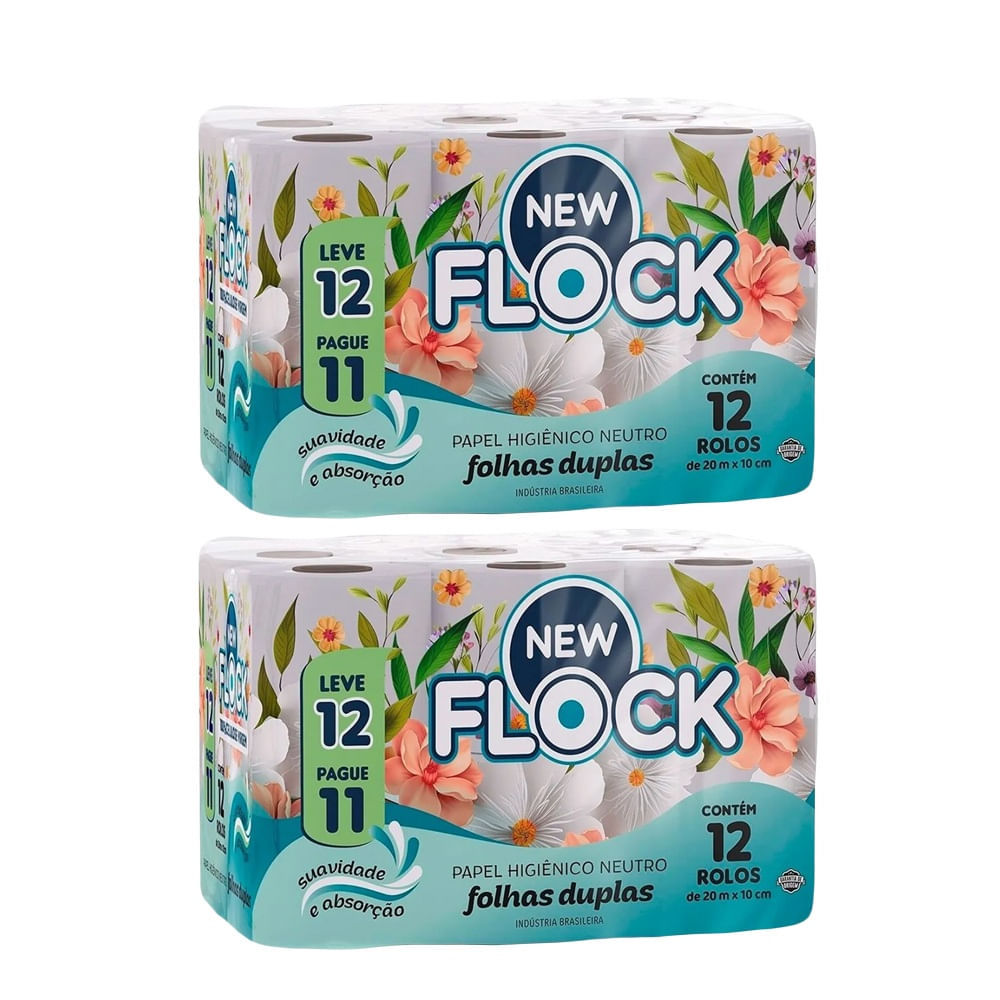 Kit 2 Papel Higiênico New Flock Folha Dupla 20m 12 Un Cada