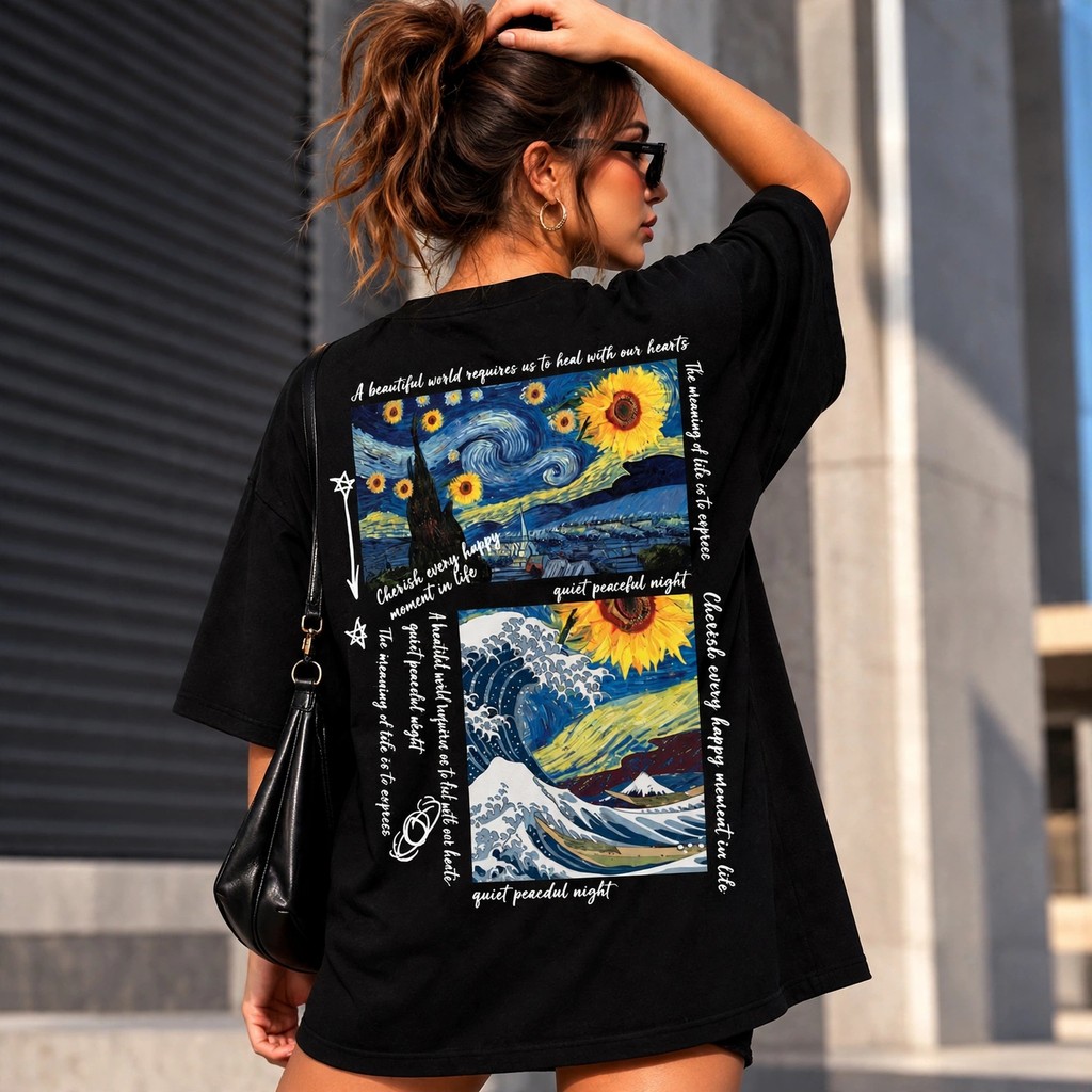 Camiseta Oversized Streetwear Quadros Van Gogh Artista Camisa Skatista 100% Algodão Estampa Costas