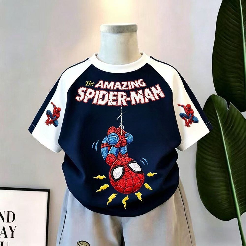 Camiseta de manga curta do homem-aranha dos desenhos animados de algodão puro meninos crianças médias grandes crianças#纯