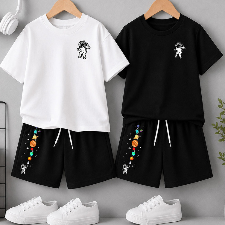 Conjunto Infantil camiseta + short malha fio 30.1 estampa Espacial Astronauta confortavel oferta