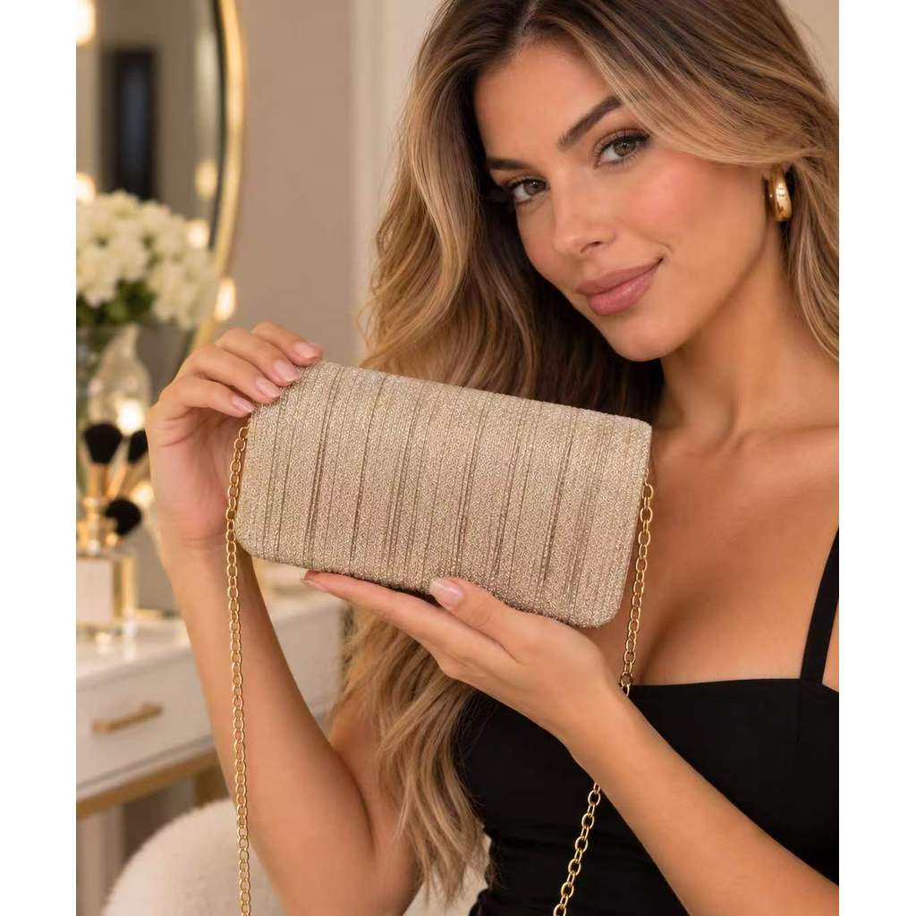 Bolsa de Festa Feminina Clutch com Corrente, Bolsa de Mão para Casamento, Jantar e Eventos, Design Elegante com Brilho