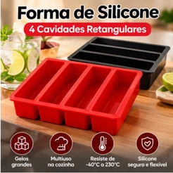 Forma Silicone 4 Cavidades Gelo Retangular 17x14cm 1 Unidade Freezer Forno Chocolate Doces Café Drinks Sobremesa