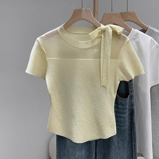 Malha amarela em torno do pescoço de manga curta malhas femininas verão novo estilo estilo coreano ligeiramente transpar