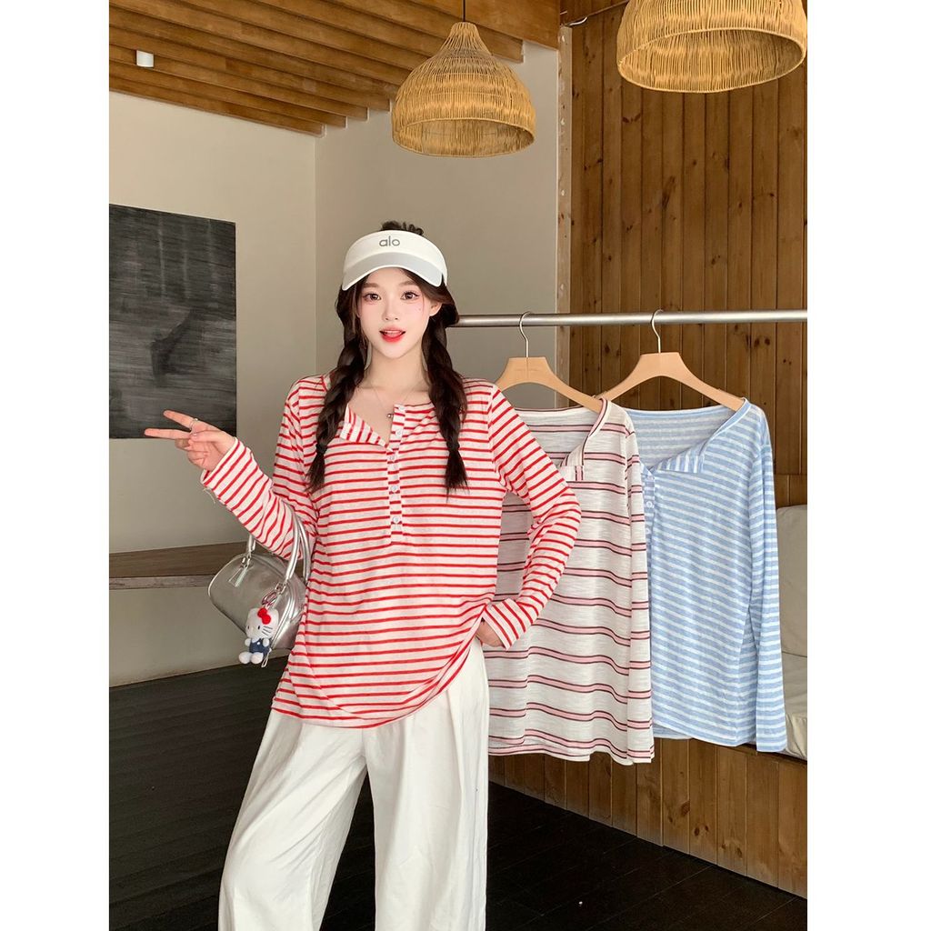 2026 primavera novo estilo estilo preguiçoso listrado manga comprida camiseta feminina solta mais magro olhar Design top