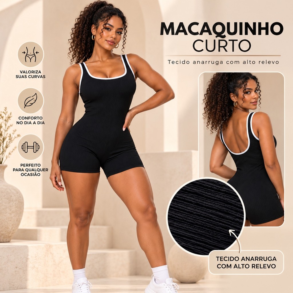 Macaquinho Feminino Curto Alças Largas Canelado Anarruga Roupa Fitness Academia e Casual Veste 36 ao 42