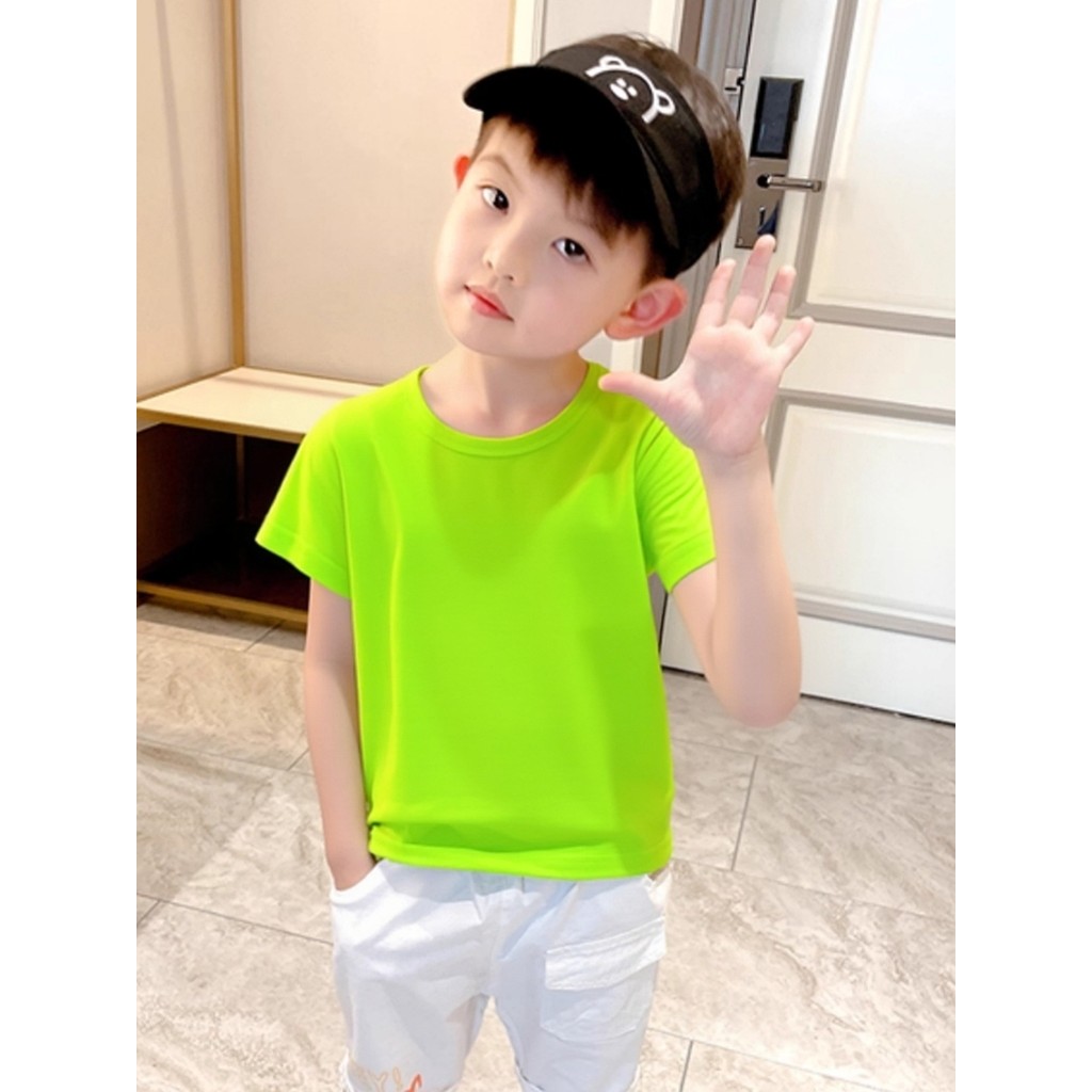 27 crianças puro algodão manga curta camiseta meninos verão cor sólida em torno do pescoço fluorescente verde bebê All-M