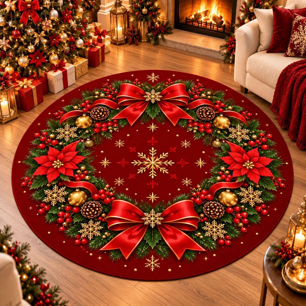 Tapete Redondo Decorativo Natal 88cm Antiderrapante para Sala e Quarto 2276