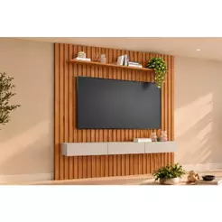 Painel Quarto p/ TV até 65 Pol Maragogi Ripado c/ 1 Porta e 2 Gavetas 185x220cm Cinamomo/Off White - Permóbili