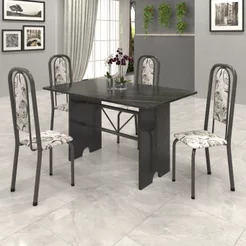 Conjunto de Mesa Tampo Ardósia 120x75cm com 4 Cadeiras Lavínea Preto/Martelado Prata/Ardosia Indiano/Arabesco
