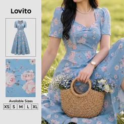 Lovito Vestido Elegante com Estrutura de Linhas e Laço para Mulheres Primavera/Verão DRK9P1D384