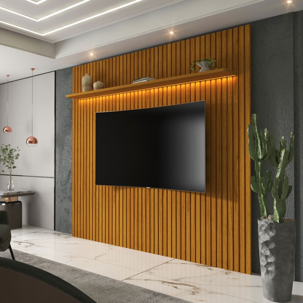 Painel para TV Até 75 Polegadas Nobre 1 Prateleira Ripado com Led 100% Mdf Naturale - Gelius
