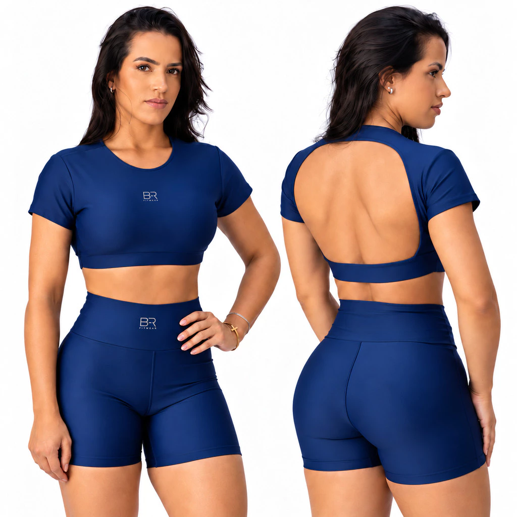 Conjunto Fitness Feminino Academia Cropped Manga Curta e Short Cintura Alta Tecido Premium — imagem 1
