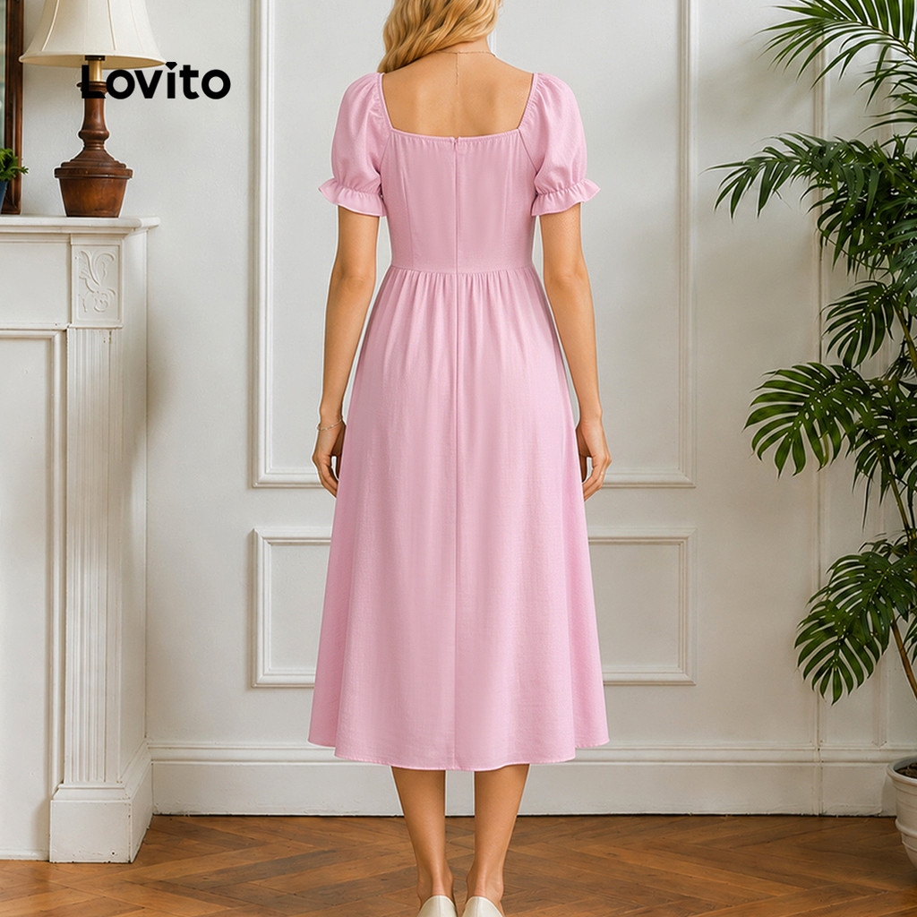 (New Arrival) Lovito Vestido Feminino Rosa Elegante Liso E De Cor Sólida Com Renda E Amarração Longo E Rodado Para Primavera E Verão Trabalho Fins De Semana E Uso Casual DRB40BR108 — imagem 2 de 2