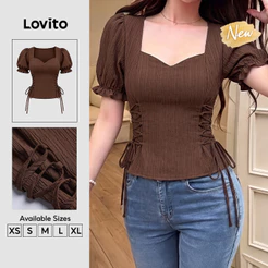 (New Arrival) Lovito Blusa Marrom Feminina Elegante Lisa De Manga Curta Com Decote Coração Cordão Pregas Detalhe Em Tecido E Acabamento Ondulado Para Primavera Verão E Trabalho BLB207P1D272