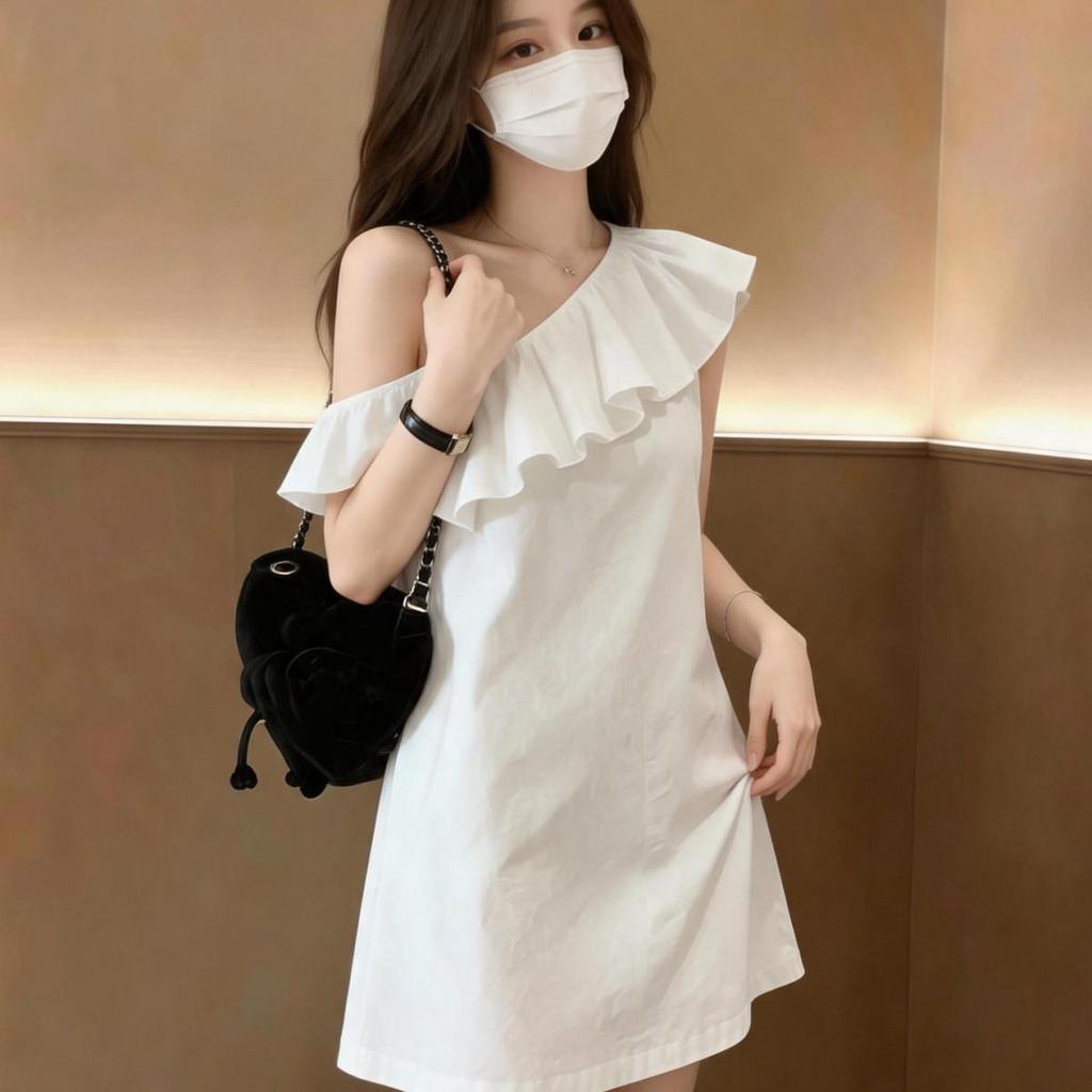 [Promoção por tempo limitado] Vestido branco simples e generoso com babados e ombro inclinado, verão, a saia evasê Popul